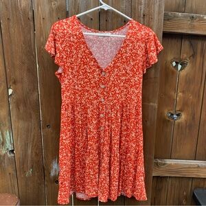 Balletcore Orange Floral Dress V-Neck Button Down Short Sleeve Dress Size M